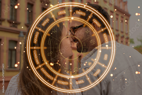 Foto Beautiful happy couple kissing in city on spring day