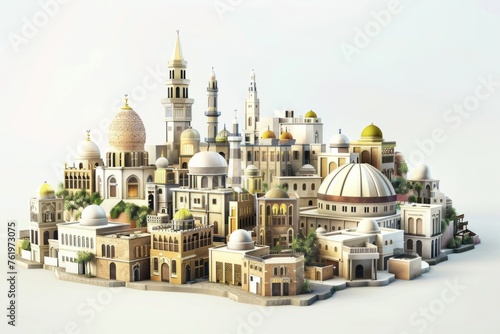 3D Render of city with mix of architectural styles, representing its diverse cultural heritage, on isolated white background, Generative AI