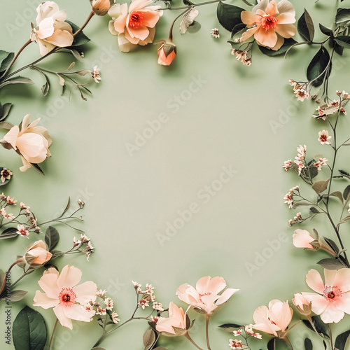 flowers botanical frame on olive pastel background
