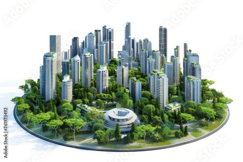 3D Render of cityscape with central park or green space surrounded by high-rise buildings, on isolated white background, Generative AI