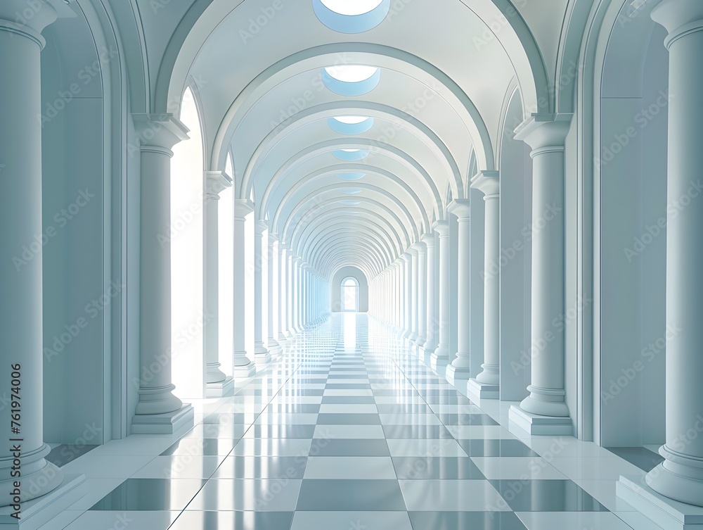 Majestic Architectural Corridor with Symmetrical Columns and Gleaming Tiled Floor