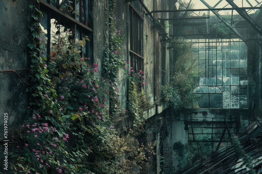 An old, abandoned factory reclaimed by nature. Ivy creeps up the rusted metal structures, and wildflowers bloom in the cracks of the concrete. An old, abandoned factory reclaimed by nature. Ivy creeps up the rusted metal structures, and wildflowers bloom in the cracks of the concrete.