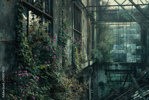 An old, abandoned factory reclaimed by nature. Ivy creeps up the rusted metal structures, and wildflowers bloom in the cracks of the concrete.