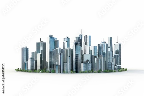 3D Render of modern city skyline with skyscrapers and office buildings, on isolated white background, Generative AI