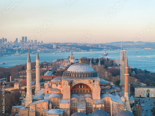 Hagia Sophia (Ayasofya Camii) Ramadan Month Minarets (Mahya) Drone Photo,  Sultanahmet Square Fatih, Istanbul Turkey photo