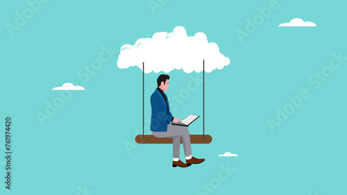 cloud computing on corporate infrastructure, remote work or work from home, technology to connect humans to complete work, businessman working using laptop sitting on cloud swing concept illustration