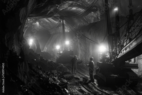 An underground mining operation. Miners with headlamps illuminate the dark, rocky tunnel as they work with heavy machinery to extract valuable resources. photo