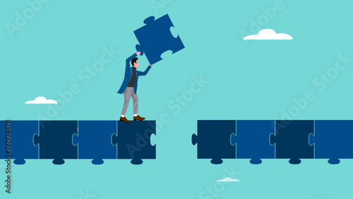create a path to career success with businessman builds bridges from puzzles, Business goals as profit target achievement process, the way to achieve goal, management or strategy to achieve target