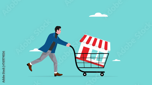 buy a franchise illustration with businessman push shopping carts containing franchise icons concept vector illustration