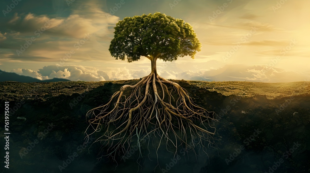 Majestic Tree with Deep Roots, Symbolic for Growth and Stability Concepts - obrazy, fototapety, plakaty 