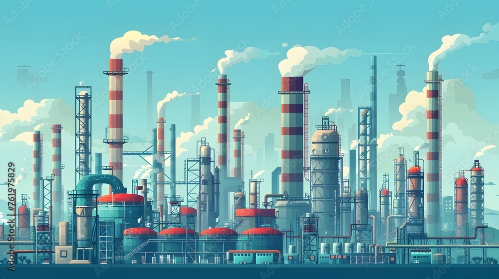 Industrial Zone with Chemical Factories, Ironworks, and Warehouses in Flat Style Illustration