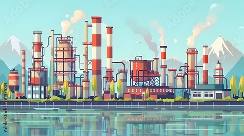 Industrial Zone with Chemical Factories and Ironworks in Flat Style Illustration photo
