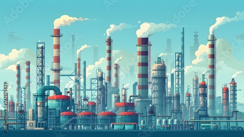 Industrial Zone with Chemical Factories, Ironworks, and Warehouses in Flat Style Illustration photo