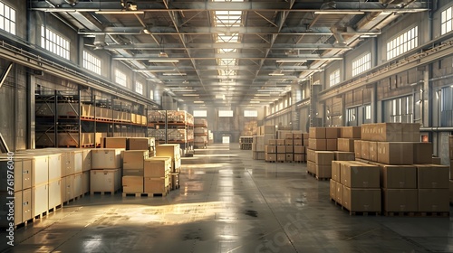 Spacious Industrial Warehouse Filled with Cardboard Boxes Basking in Natural Light