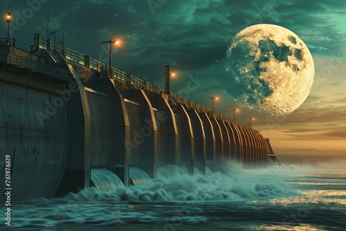 A tidal power station under the soft, warm glow of the moon, the moving water symbolizing the generation of renewable energy