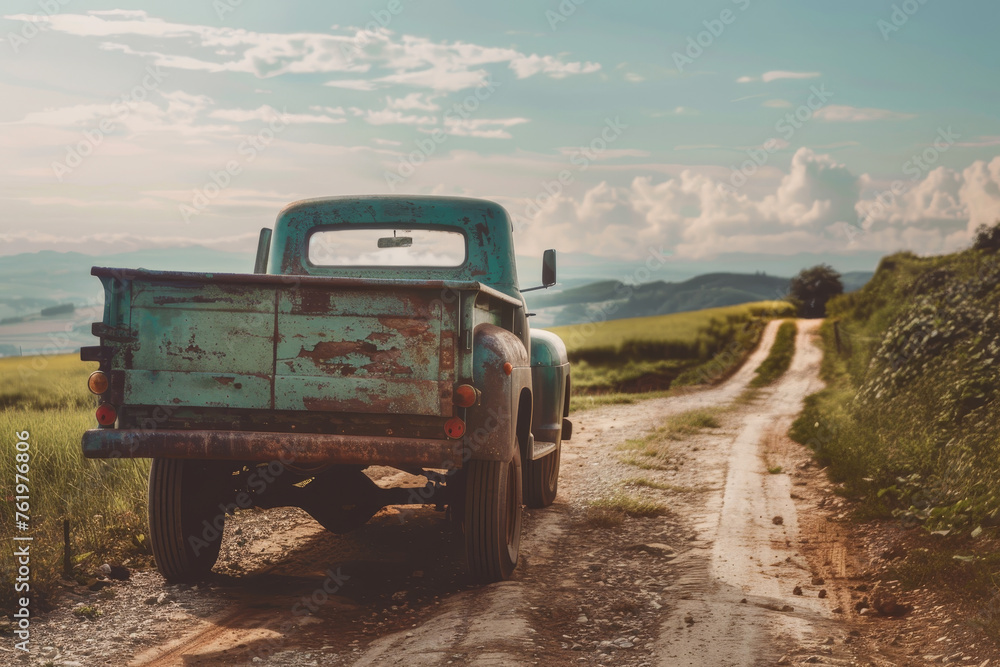 A vintage pickup truck on a country road. The truck's rustic charm and practical design make it a reliable workhorse for rural living