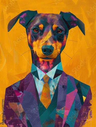 A vibrant digital portrait of a dog wearing a suit with an abstract background.