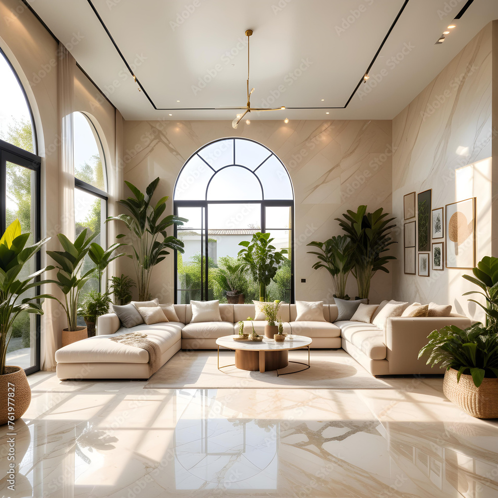 Fototapeta premium A large modern living room with lots of plants and a sofa and lots of sunlight. beige marble floor