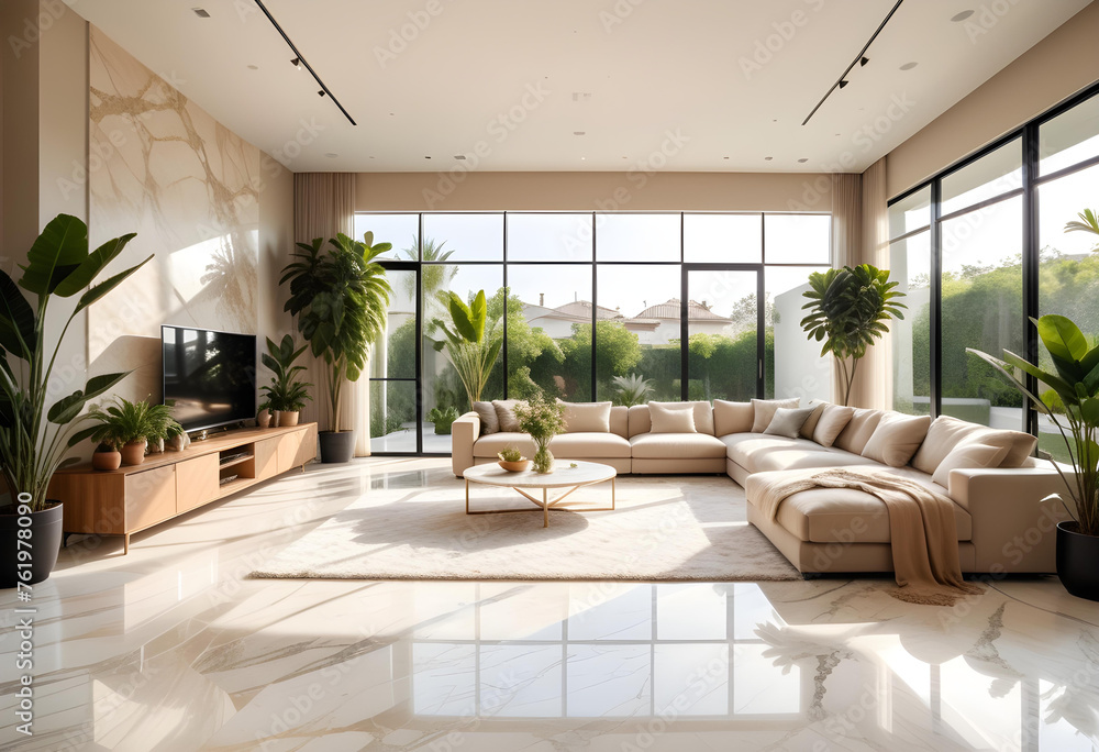 A large modern living room with lots of plants and a sofa and lots of ...