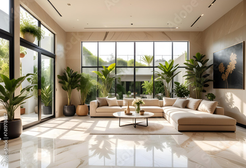 A large modern living room with lots of plants and a sofa and lots of sunlight. beige marble floor