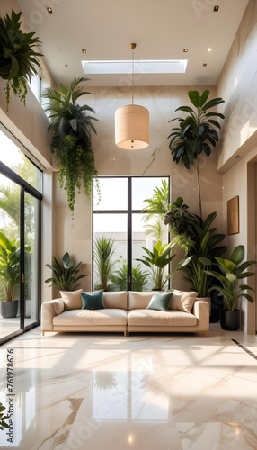A large modern living room with lots of plants and a sofa and lots of sunlight. beige marble floor