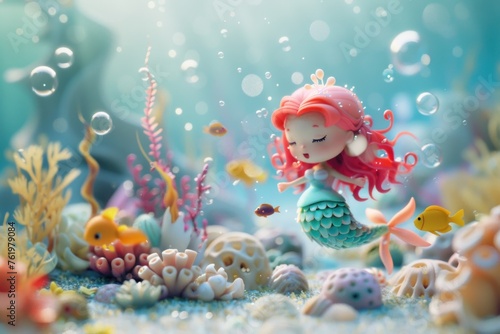 A 3D cartoon of a mermaid with vibrant red hair surrounded by colorful coral and fish underwater.