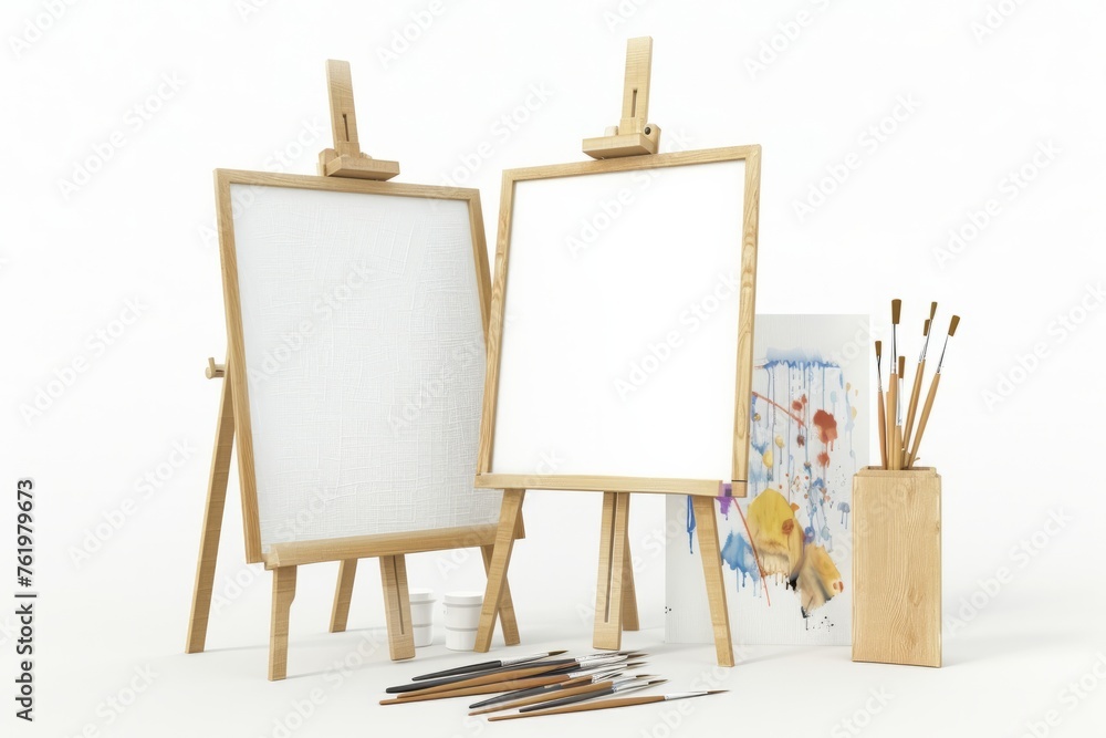 3D Render of creative studio space with easel, paintbrushes, and canvases, on isolated white background, Generative AI