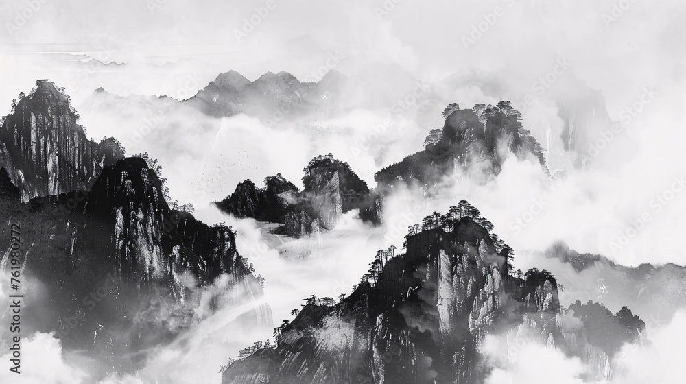 Black and white Chinese style ink style landscape painting, hand-painted national style artistic conception ink style landscape painting illustration