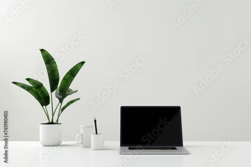 3D Render of minimalist coworking desk with laptop, coffee cup, and potted plant, on isolated white background, Generative AI