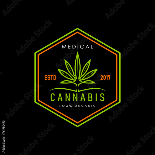 Cannabis or marijuana icon. Medical CBD, weed leaf symbol. Medical cannabis farm advertising sign, medicine CBD product or natural weed plant retro vector stamp or premium symbol