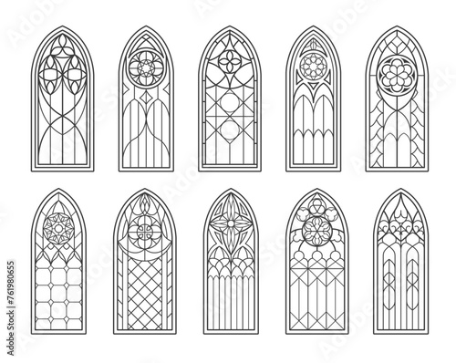 Medieval gothic castle and catholic church glass windows. Isolated vector outline arches black silhouettes. Vintage stained glass arched frames, cathedral interior traditional European architecture