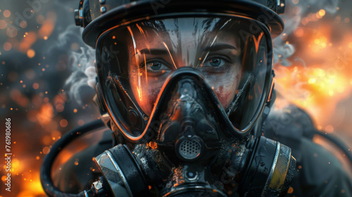 A detailed close-up of a person wearing a protective gas mask surrounded by fiery sparks and smoky atmosphere.