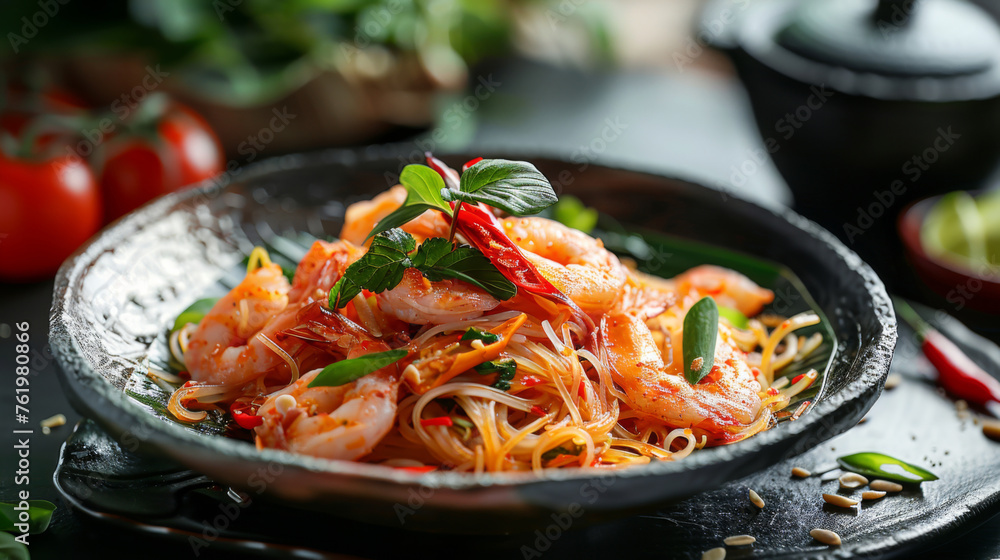 A vibrant dish of Pad Thai with juicy shrimp, garnished with fresh herbs and chili, served on a rustic ceramic plate. A vibrant dish of Pad Thai with juicy shrimp, garnished with fresh herbs and chili, served on a rustic ceramic plate.