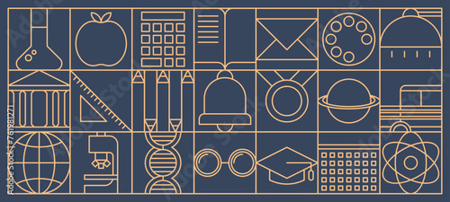 Education and science abstract modern line geometric pattern, vector background. School ruler, student university and teacher glasses with calculator and laboratory vial in geometric line pattern