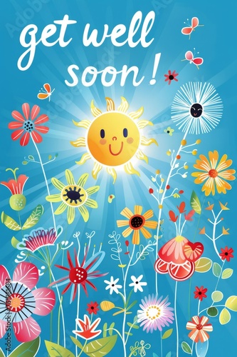 Get well soon greeting card with handwritten text above cheerful flowers.  Emotional support for  sick person, meaning  fast recovery.
