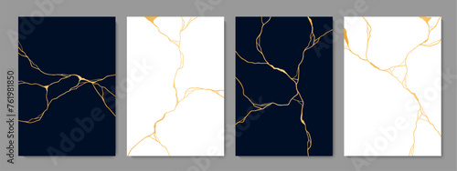 Kintsugi golden cracks, marble texture. Vector black and white vertical backgrounds with gold elegant veins on textured surface, embodying resilience and beauty through artful embrace of imperfections