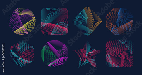 Abstract modern geometric line shape grid for t shirt print mockup. Vector set of dynamic fusion figures, embodying minimalist elegance, captivates modernity and infusing style with vibrant colors
