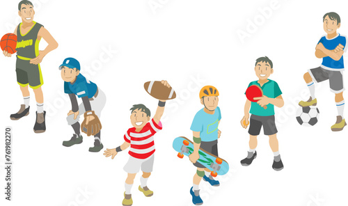 色々なスポーツに打ち込む少年たちのイラスト photo