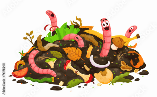 Compost worm characters in soil, agriculture cartoon farm. Vector personages of cute funny earthworms in pile of garden dirt, food and plant wastes, apple fruit scraps, eggshell and vegetable peels