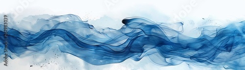 Vibrant blue smoke watercolor, fluid swirls on a pristine white background