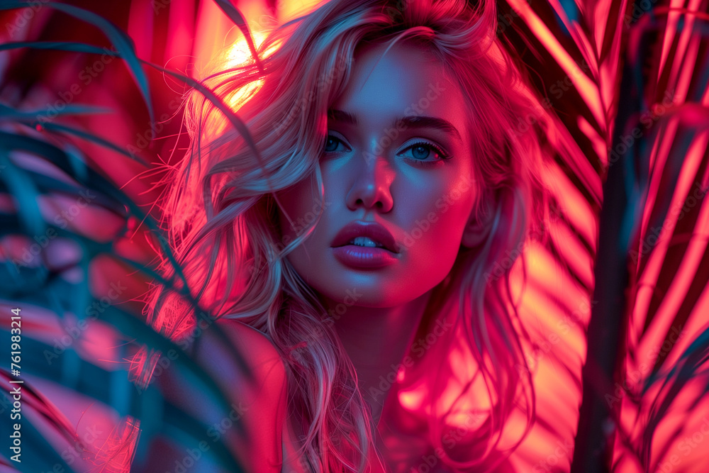 Mystical portrait of a beautiful girl in the forest. Delicate neon glow. Fairytale image.