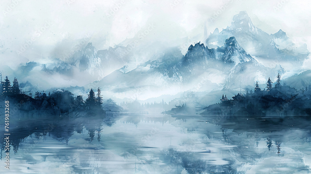 Ink style landscape painting in blue tones, ink style landscape painting concept illustration