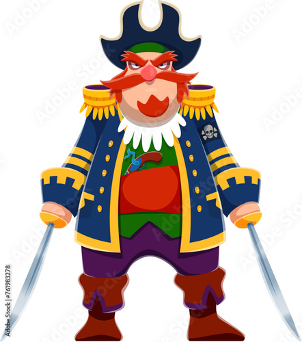 Cartoon pirate captain character, corsair or filibuster brandishes gleaming sabers, commanding his crew on the high seas. Isolated vector picaroon with red mustaches and beard, wears colorful outfit
