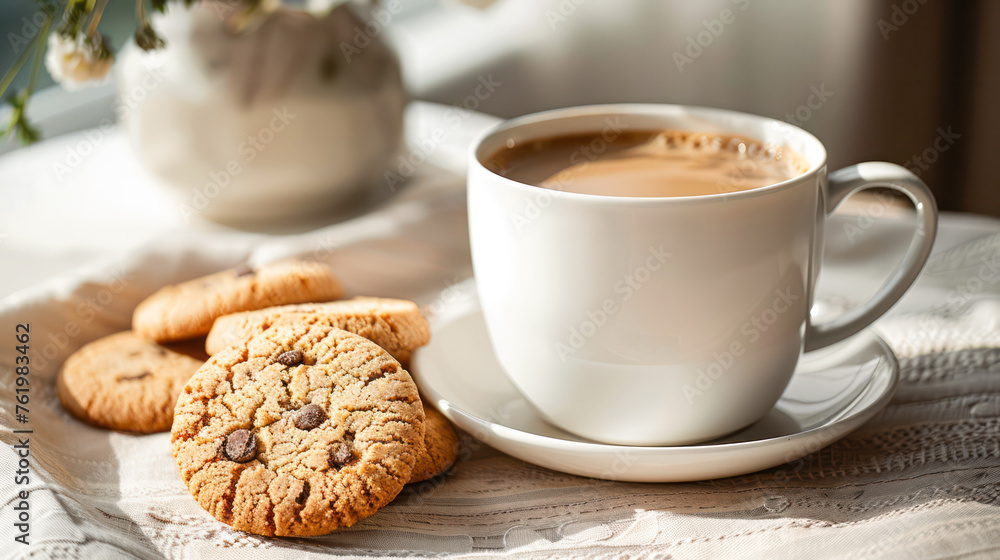 a cup of coffee and some cookies on a plate on a table. generative ai a cup of coffee and some cookies on a plate on a table. generative ai
