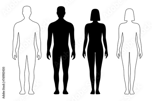 Man and woman human body silhouette, outline figure, patient front view contour. Isolated vector monochrome male and female person shapes, standing full height. Bare and naked slim healthy people