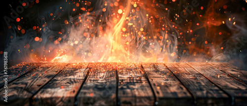 wooden table with Fire burning at the edge of the table, fire particles.Generative AI