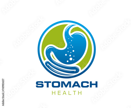 Stomach health care icon. Isolated vector gastroenterology clinic emblem of healthy human digestive system inside of green circle. Medical label of belly, internal gut or colon cure and wellbeing