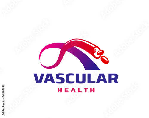 Vascular vein health icon, artery symbol, features erythrocyte blood cell inside of capillary vessel in red, purple and blue colors. Isolated vector emblem of circulation and cardiovascular wellness