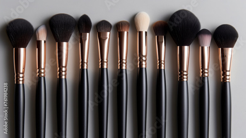 Varied Set Of Elegant Makeup Brushes On Neutral Background