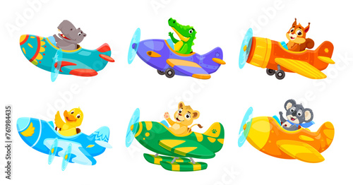 Baby animal characters on planes, vector cartoon squirrel and crocodile, duck and koala. Funny lion and hippo as airplane pilots for kids toy, funny characters aviators flying in propeller planes